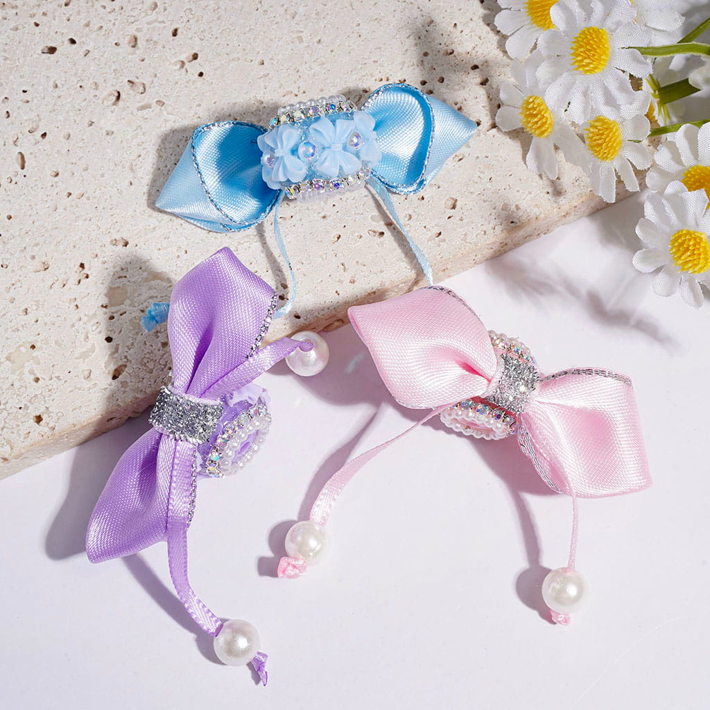 Handmade Fabric Bowtie with Short Metallic Silver Foil Streamer Fringe Pearls Acrylic Beads, Bow & Half-Faced Pearls, AB Rhinestone & White Pearl Chains, Random Mix