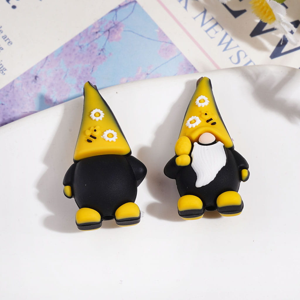 Silicone Focal Beads Gnome Elf with Long Curved-Tip Pointed Hat and White Beard Braid