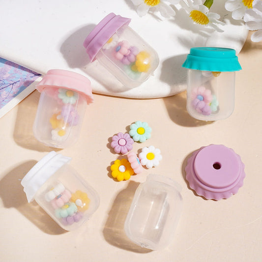 Cute Clear Bottle Flower Shaker Silicone Beads with Colorful Lids and Flowers Embedded Inside the Bottle, Height 27MM, Multicolor, Random Mix