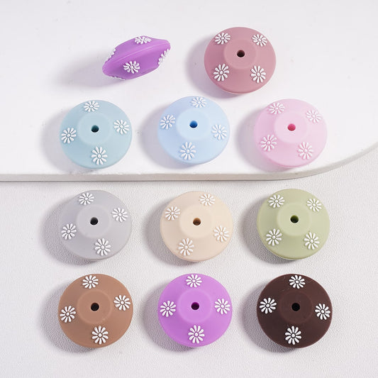 Lentil Saucers with White Flowers Print Silicone Spacers Beads Random Mix, 21MM