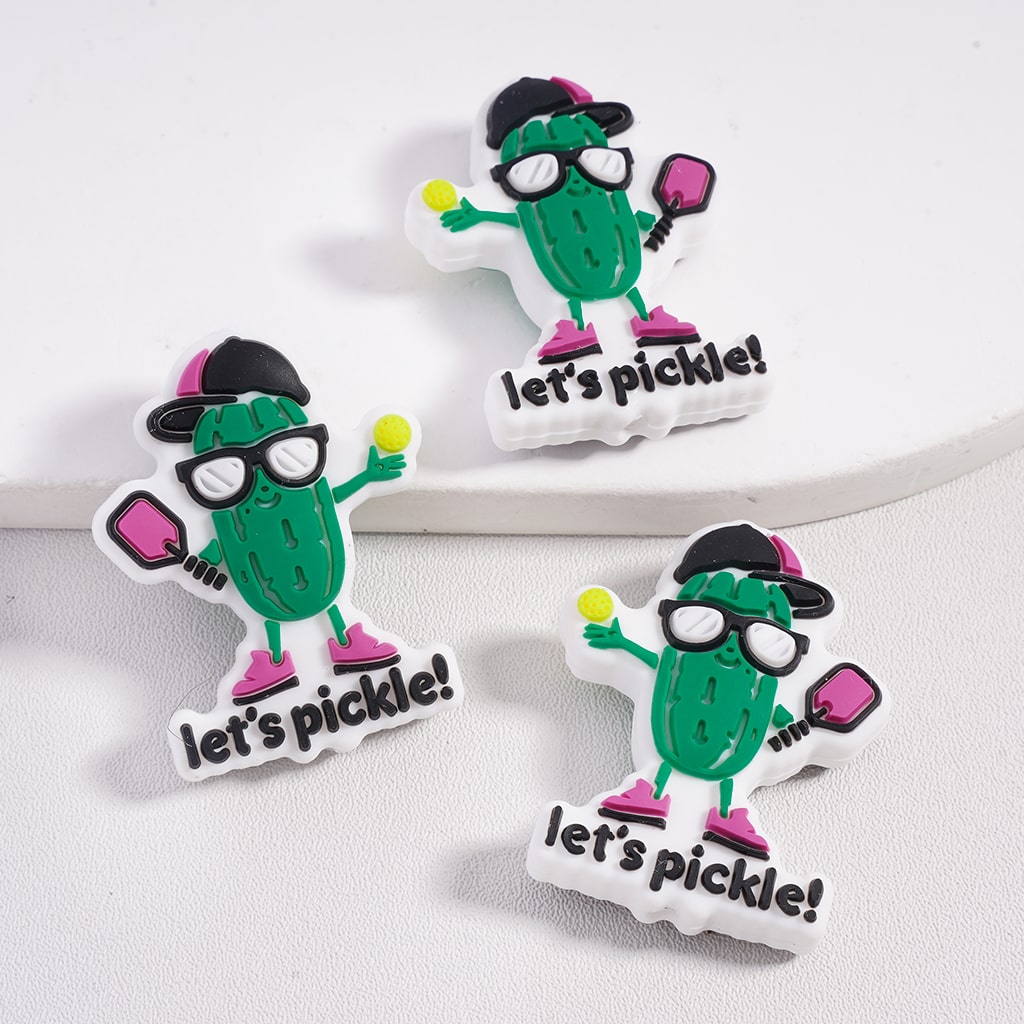 Let’s Pickle Black Hat & Glasses, Green Cucumber Character Silicone Focal Beads Random Mix