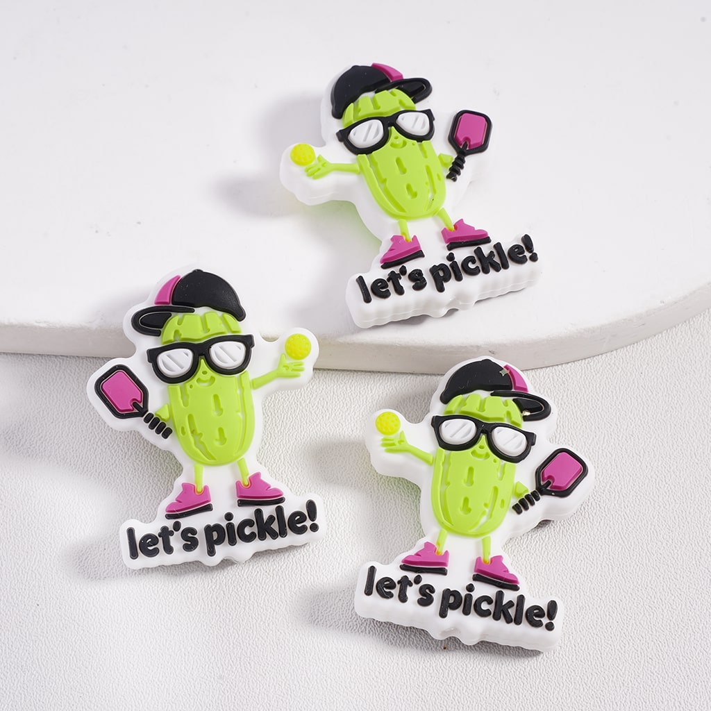 Let’s Pickle Black Hat & Glasses, Green Cucumber Character Silicone Focal Beads Random Mix
