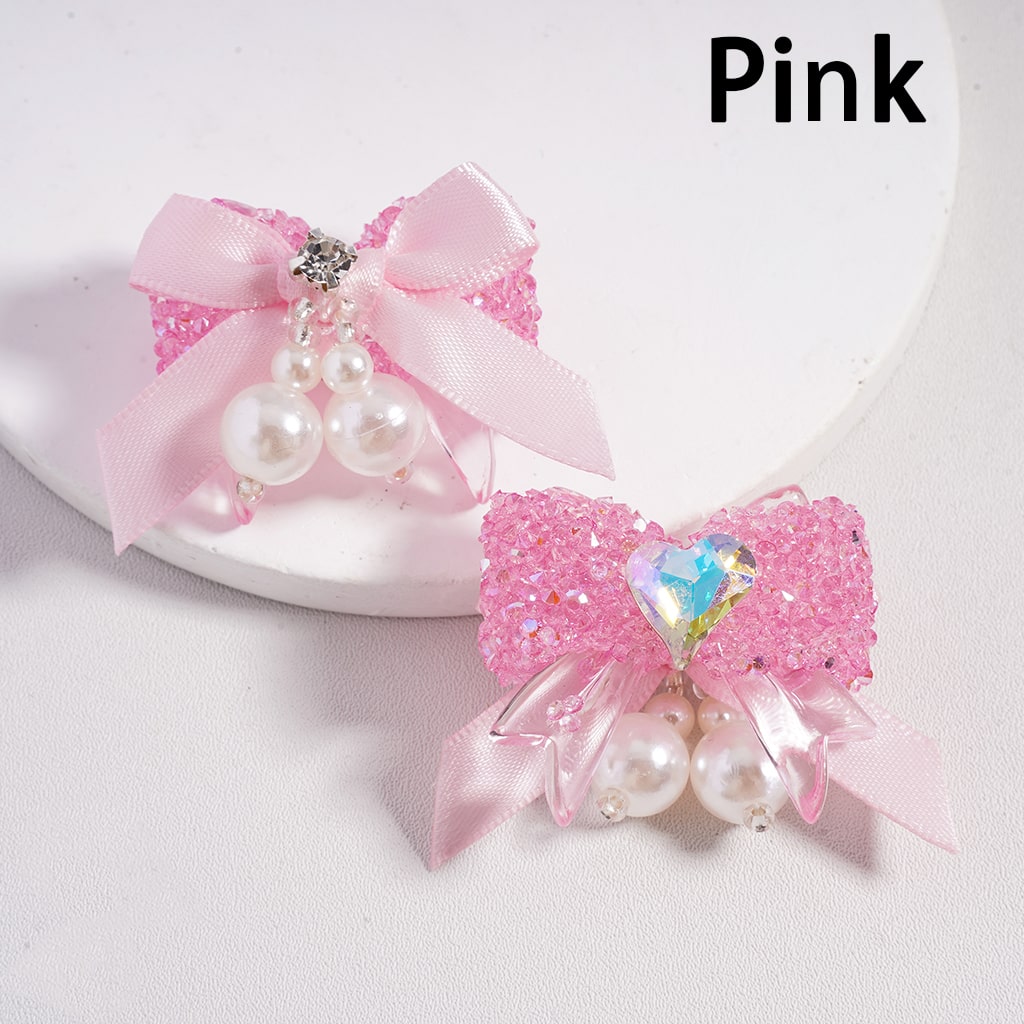 Sparkling Fabric Bowtie Tie Sugar Acrylic Beads with Shiny Cone & Heart Shape Rhinestones Pearl Charms, Multi-Color Random Mix