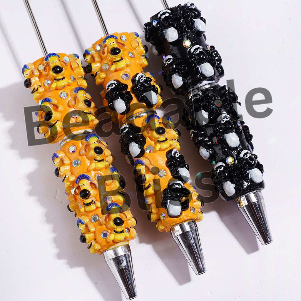Beadable Clay Pens with Cute Mountain Goat and Sheepdog Character, Black and Orange