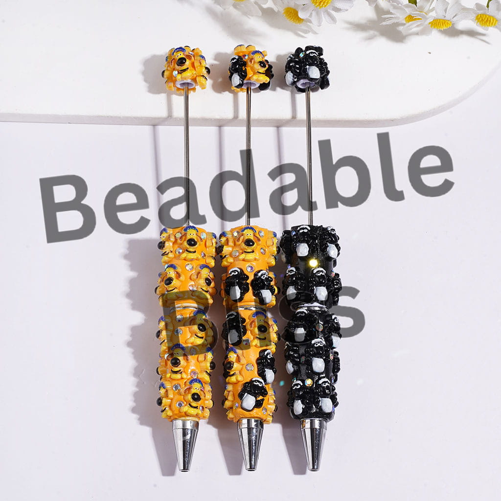 Beadable Clay Pens with Cute Mountain Goat and Sheepdog Character, Black and Orange