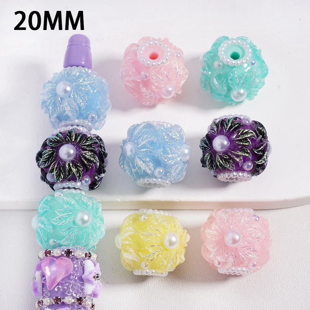 Macaron Garden Flowers with Pearls & Gold Glitter Round Acrylic Beads 20MM Random Mix