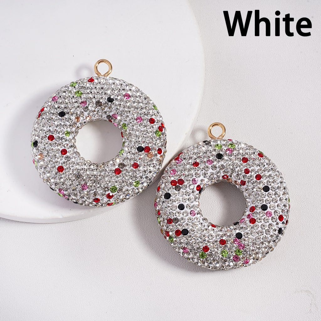 Glitter Rhinestone Donut Shape Clay Beads Pendant Charms, Jewelry Accessories Random Mix, 46MM
