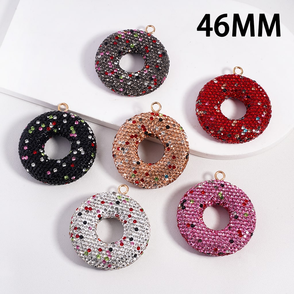 Glitter Rhinestone Donut Shape Clay Beads Pendant Charms, Jewelry Accessories Random Mix, 46MM