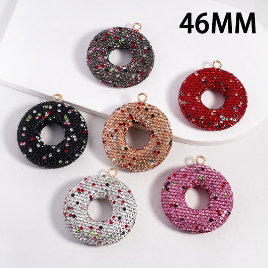 Glitter Rhinestone Donut Shape Clay Beads Pendant Charms, Jewelry Accessories Random Mix, 46MM