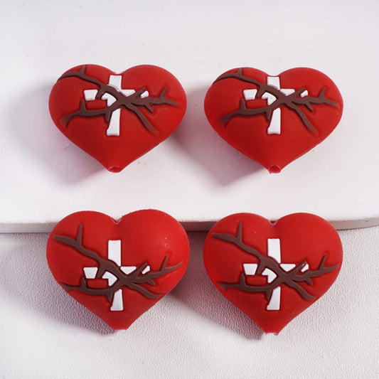 3D Cute Red Heart Shaped with White Cross & Brown Thorns Religious Theme Silicone Focal Beads