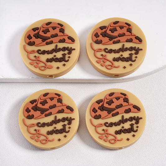 Cowboy West Text Hat Brown Hearts Stripe Round Silicone Focal Beads