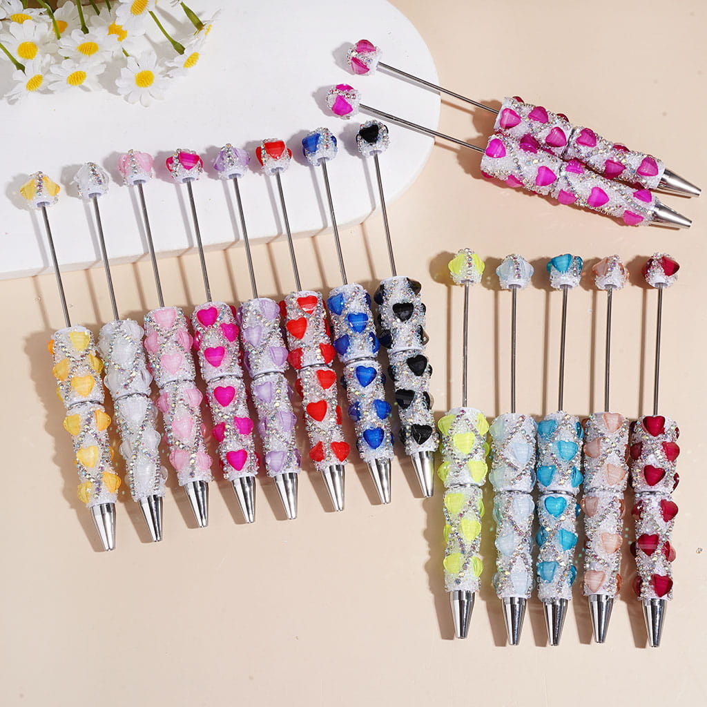 Handmade Beadable Sugar Pens with Glittery Heart Shaped Rhinestone and "X" Shaped AB Rhinestone, Multi-Color