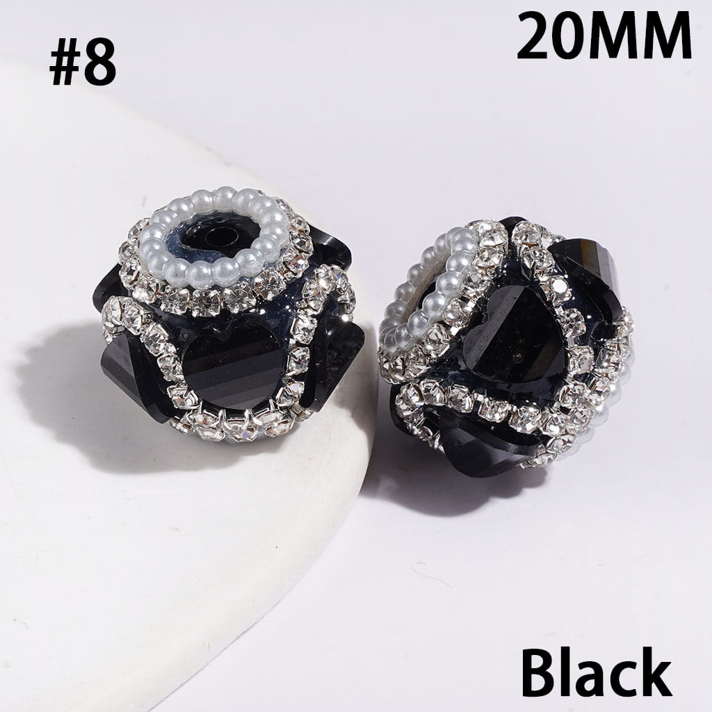 Handmade Acrylic Beads with Glittery Heart Shaped Rhinestone and "V" Shaped Rhinestone Chains, White Pearl Chains, 20MM Multi-Color