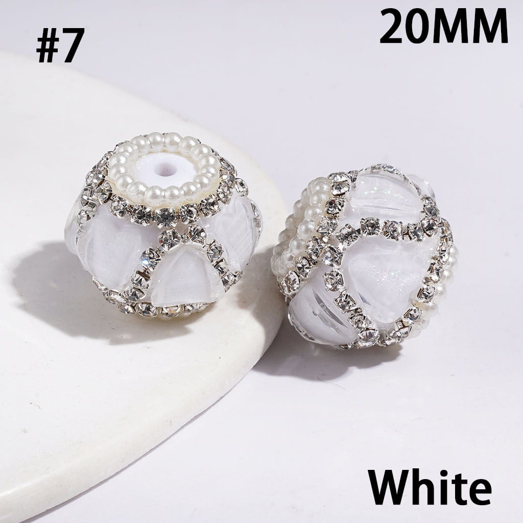 Handmade Acrylic Beads with Glittery Heart Shaped Rhinestone and "V" Shaped Rhinestone Chains, White Pearl Chains, 20MM Multi-Color
