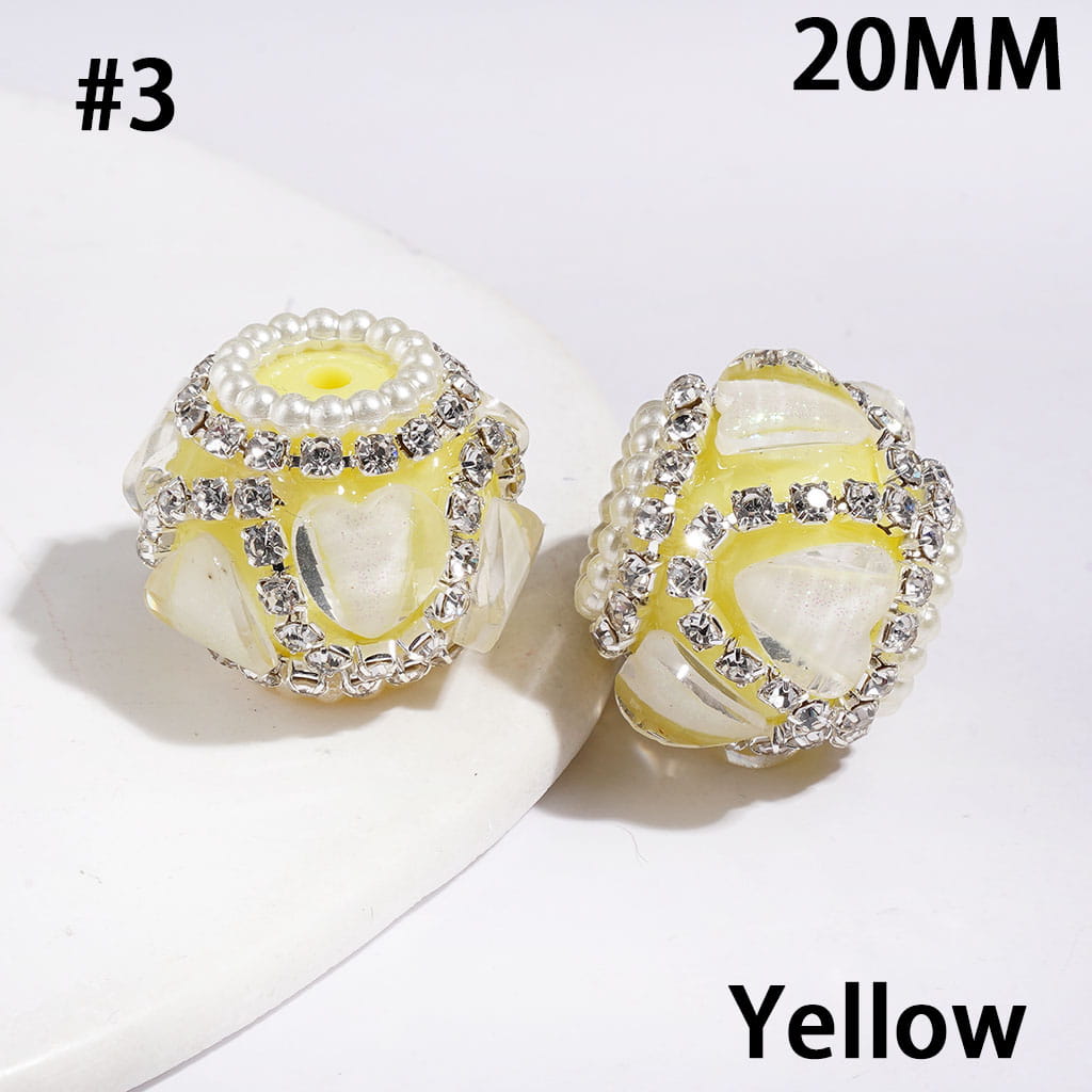 Handmade Acrylic Beads with Glittery Heart Shaped Rhinestone and "V" Shaped Rhinestone Chains, White Pearl Chains, 20MM Multi-Color