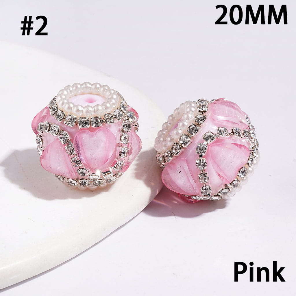 Handmade Acrylic Beads with Glittery Heart Shaped Rhinestone and "V" Shaped Rhinestone Chains, White Pearl Chains, 20MM Multi-Color