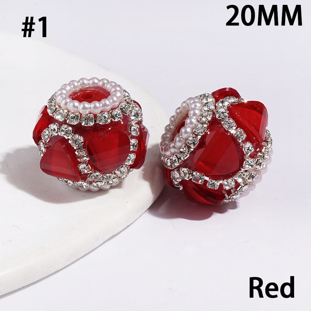 Handmade Acrylic Beads with Glittery Heart Shaped Rhinestone and "V" Shaped Rhinestone Chains, White Pearl Chains, 20MM Multi-Color