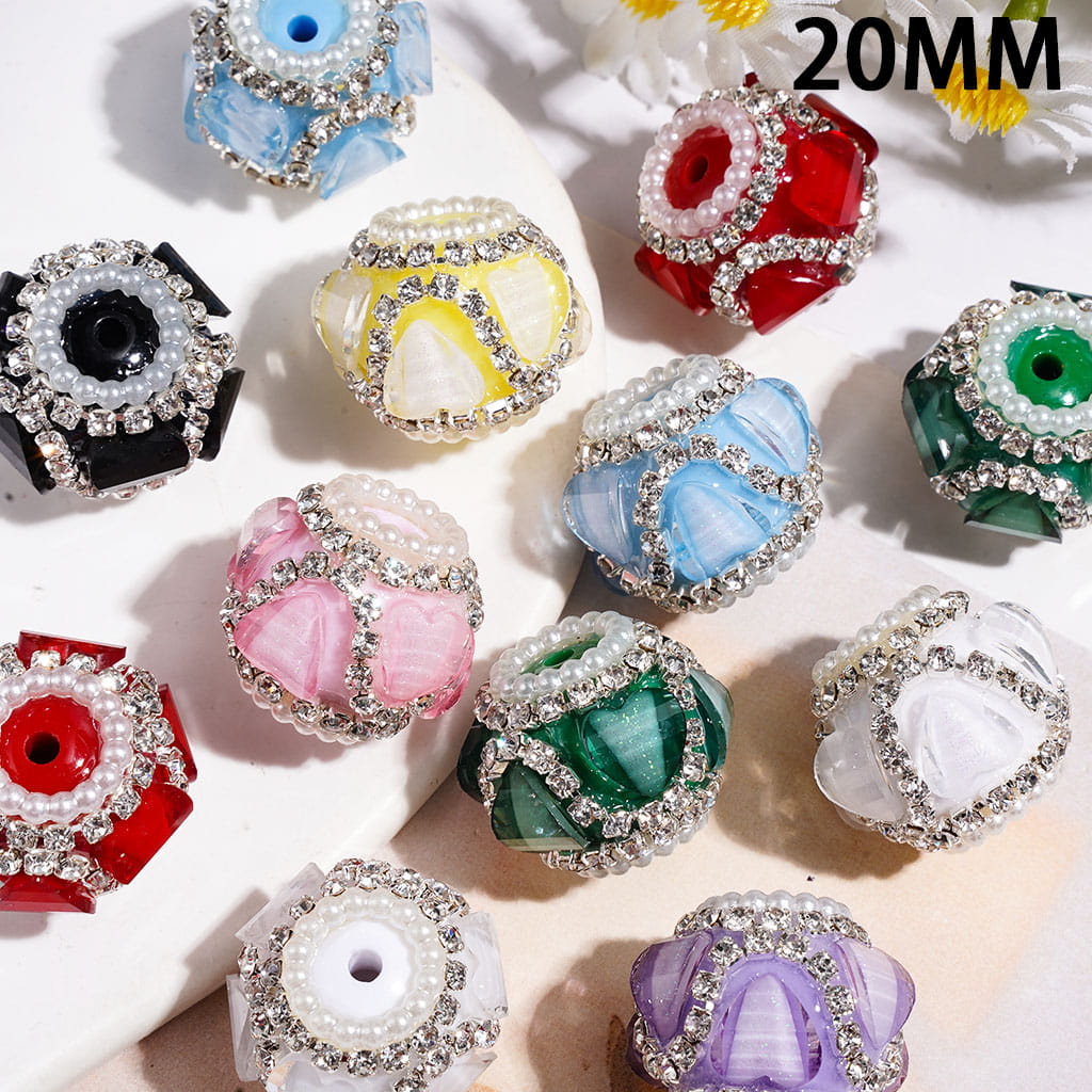 Handmade Acrylic Beads with Glittery Heart Shaped Rhinestone and "V" Shaped Rhinestone Chains, White Pearl Chains, 20MM Multi-Color