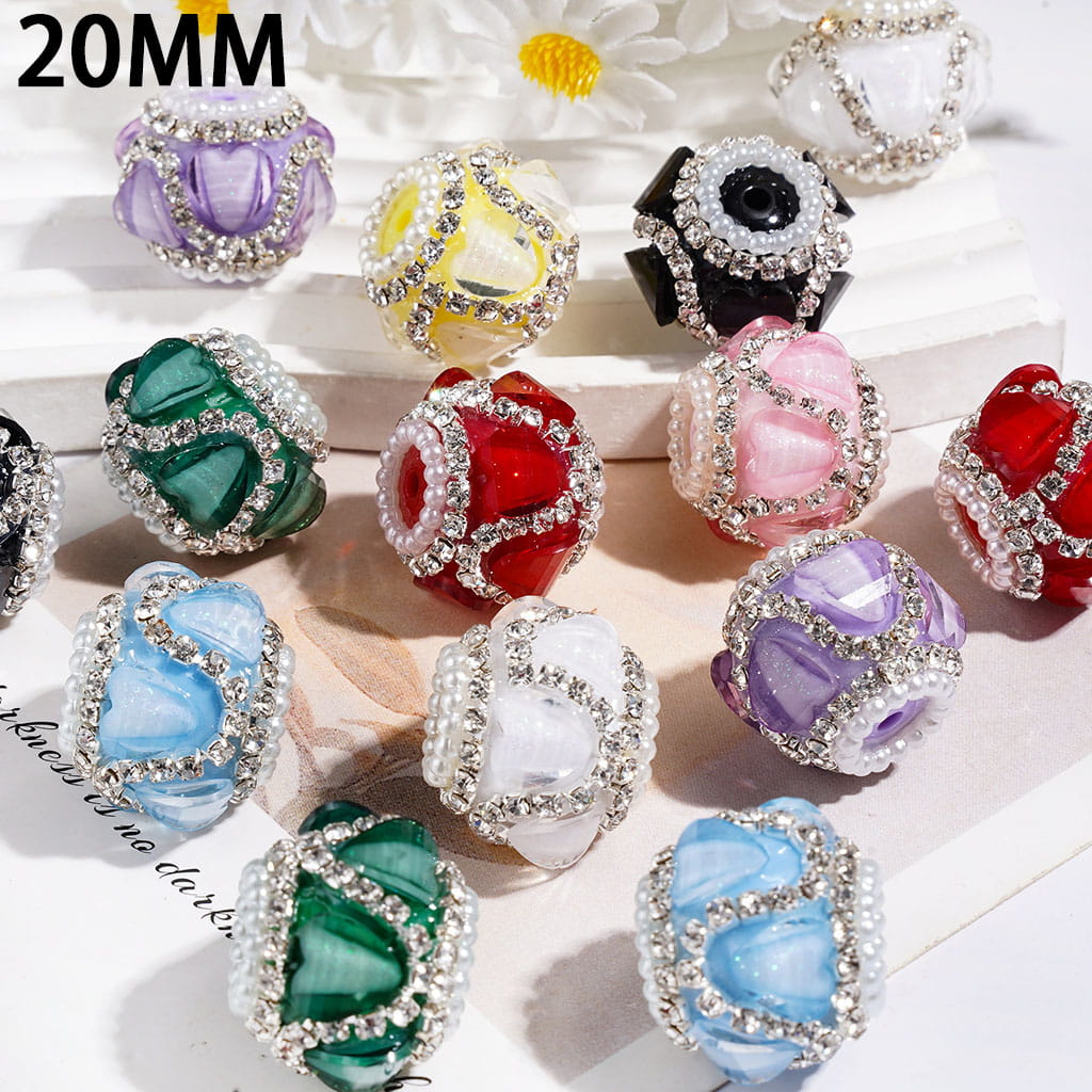 Handmade Acrylic Beads with Glittery Heart Shaped Rhinestone and "V" Shaped Rhinestone Chains, White Pearl Chains, 20MM Multi-Color