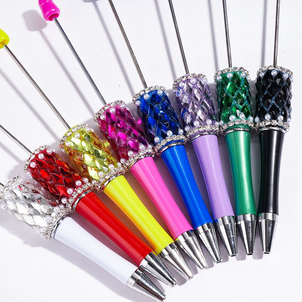 Diamond-Shaped Rhinestones with White Pearl & Clear Rhinestone Chain Handmade Beadable Pens, Multi-Color, Random Mix