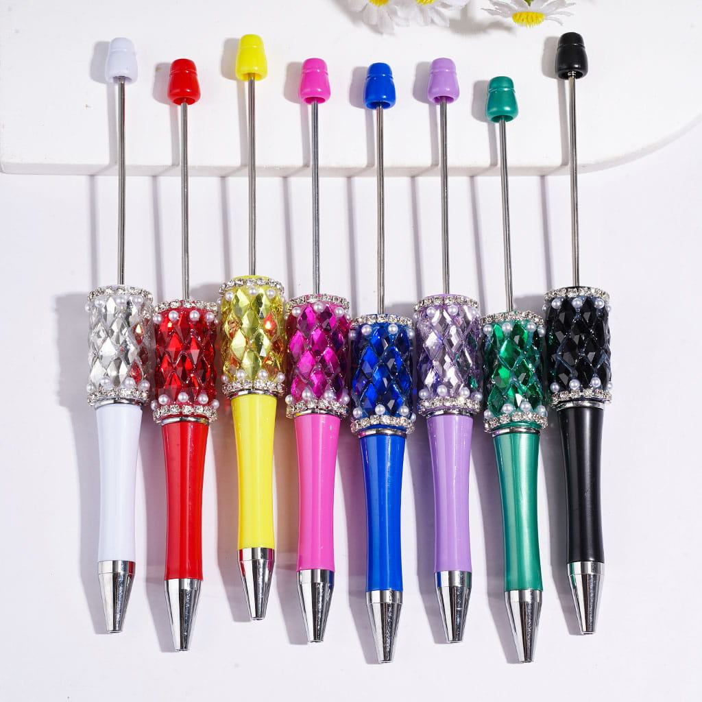Diamond-Shaped Rhinestones with White Pearl & Clear Rhinestone Chain Handmade Beadable Pens, Multi-Color, Random Mix
