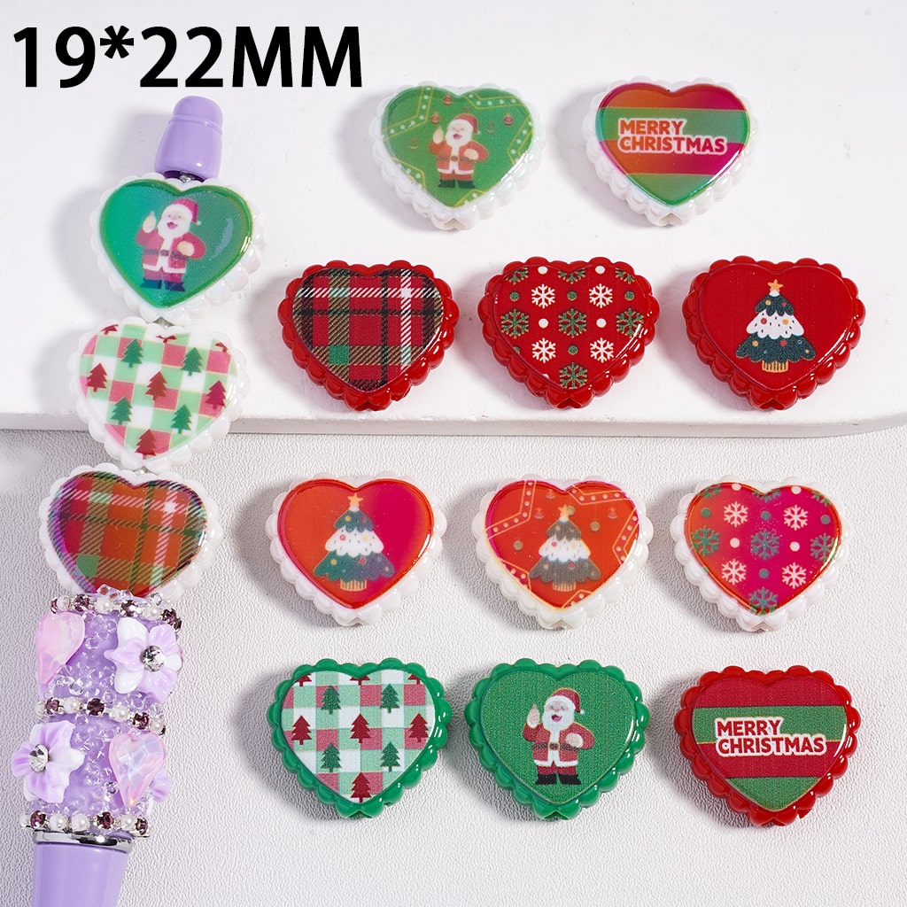 Christmas Series Different Designs Print Heart Shape Acrylic Beads Random Mix, 19 × 22 MM