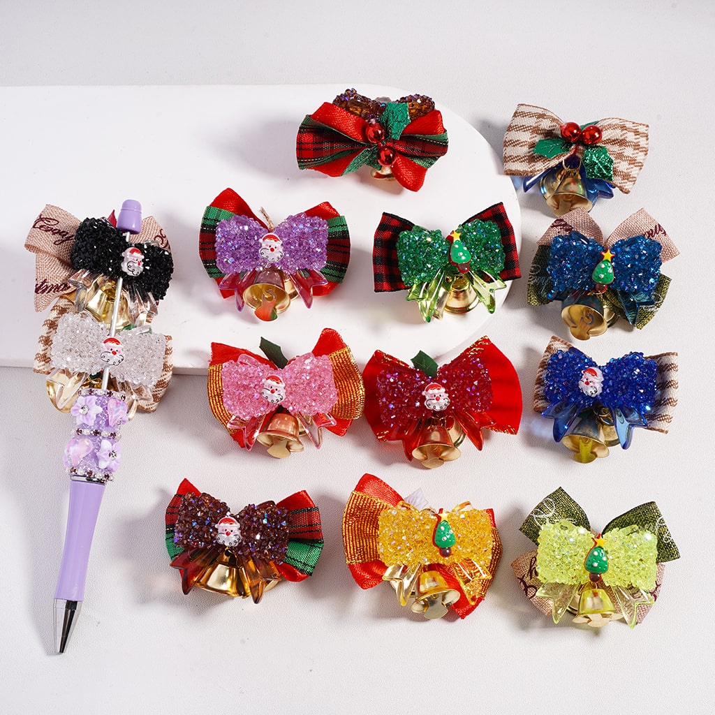 Christmas Santa, Tree, Bell Shapes with Fabric Bowtie & Cone Rhinestones Holiday Sugar Acrylic Beads