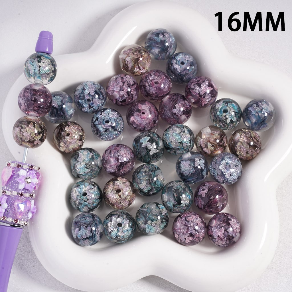 Glittery Butterflies Inside, Various Colors, Round Acrylic Beads Random Mix, 16MM