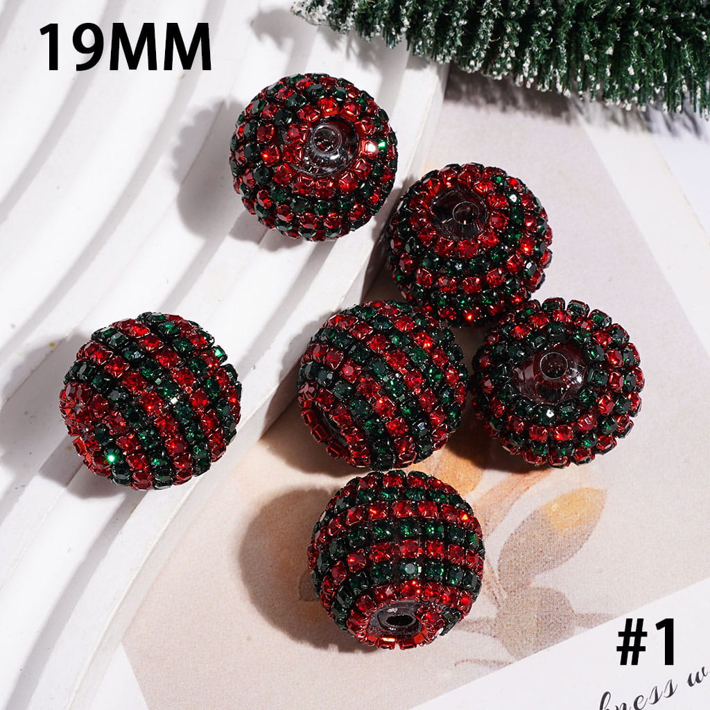 Red Green Silver Spiral Striped Metal Chains with Christmas Theme Rhinestones, Handmade Acrylic Beads, 19MM