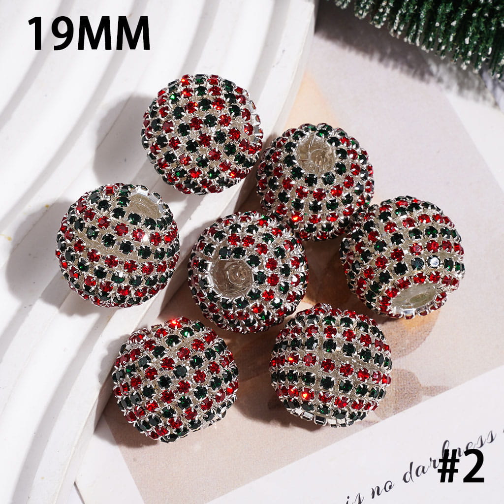 Red Green Silver Spiral Striped Metal Chains with Christmas Theme Rhinestones, Handmade Acrylic Beads, 19MM