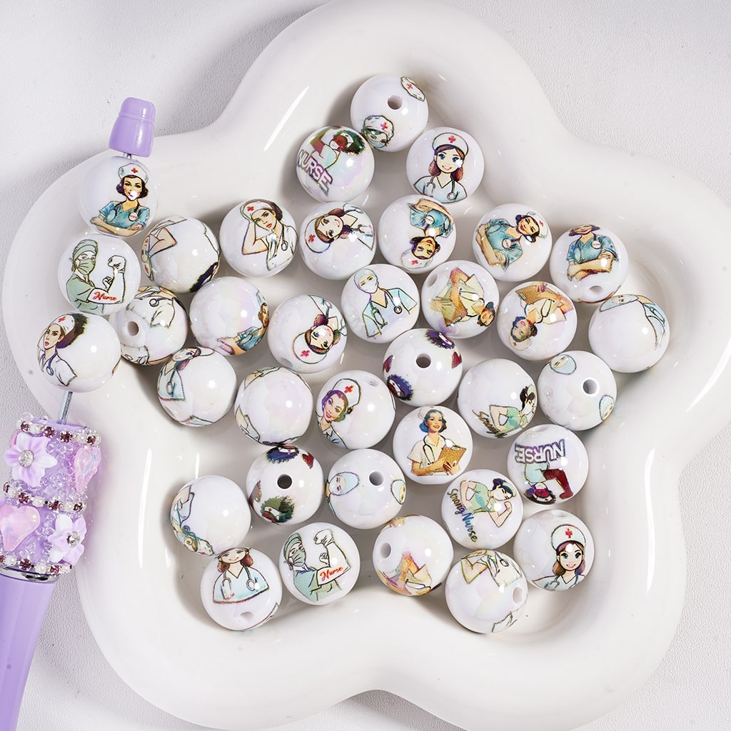Healthcare Medical Heroes Doctor & Nurse Theme Print White Round Acrylic Beads Random Mix 16 mm