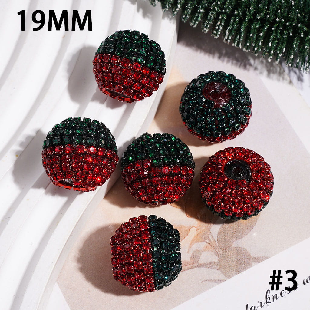 Red Green Silver Spiral Striped Metal Chains with Christmas Theme Rhinestones, Handmade Acrylic Beads, 19MM