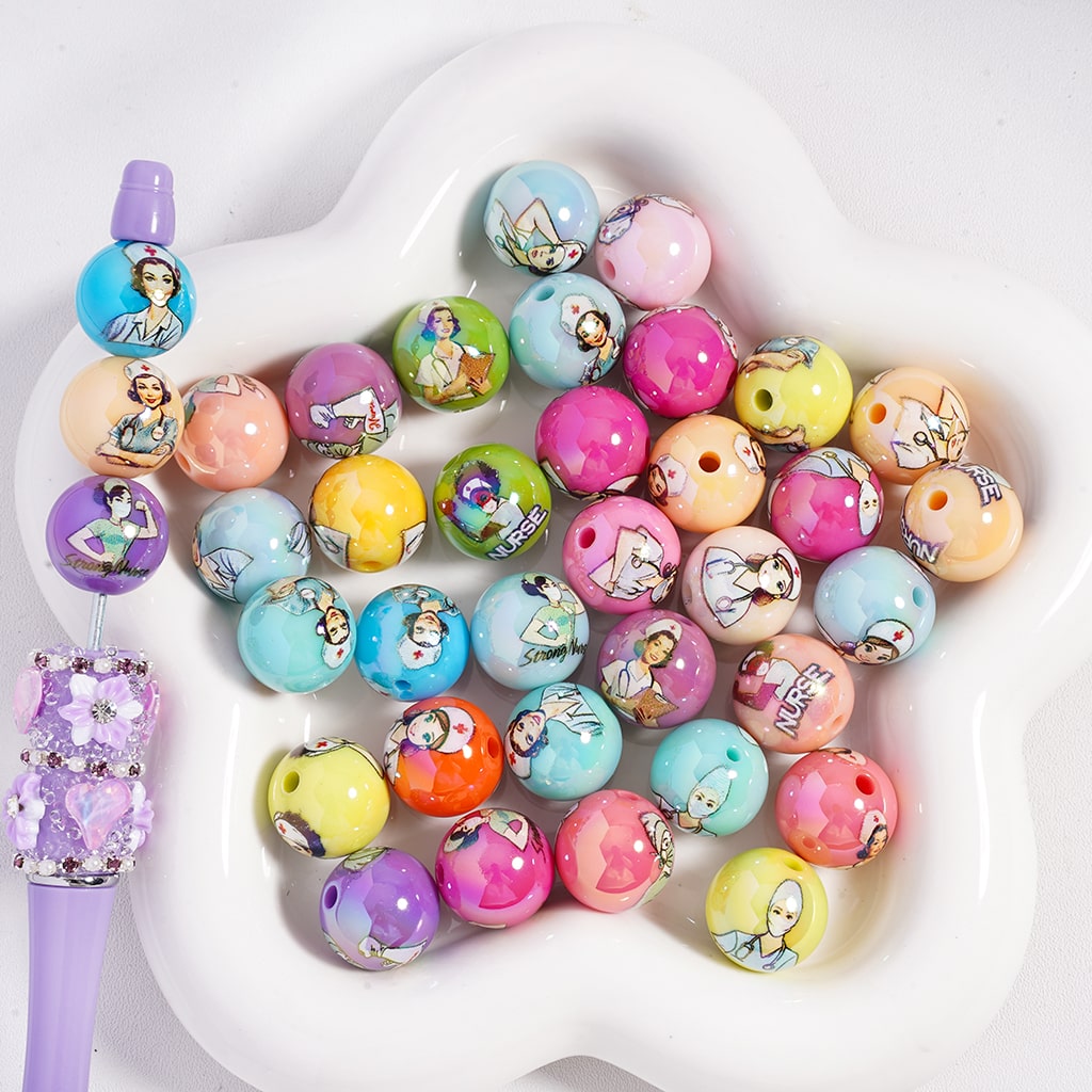 Doctor & Nurse Series Print Color Background Round Acrylic Beads Random Mix 16 mm