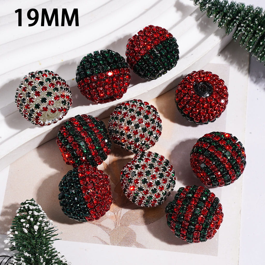 Red Green Silver Spiral Striped Metal Chains with Christmas Theme Rhinestones, Handmade Acrylic Beads, 19MM