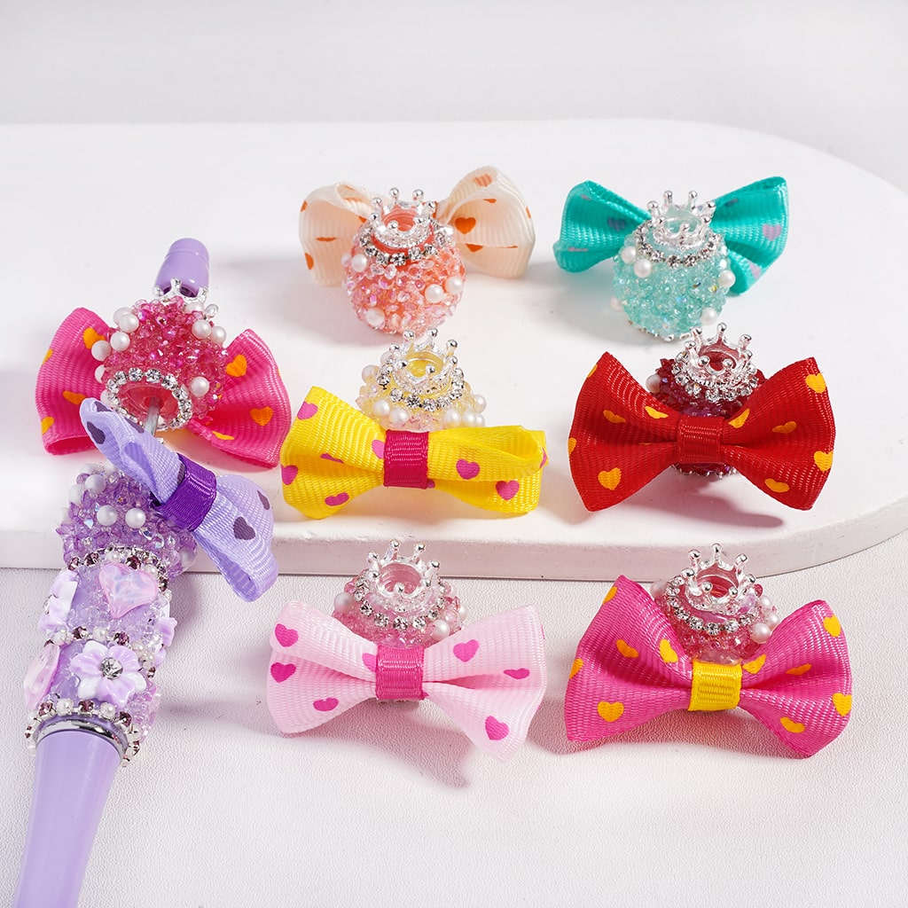 Silver Crown with White Pearls & Rhinestone Cone Multi Color Fabric Bowtie Sugar Acrylic Bead Random Mix