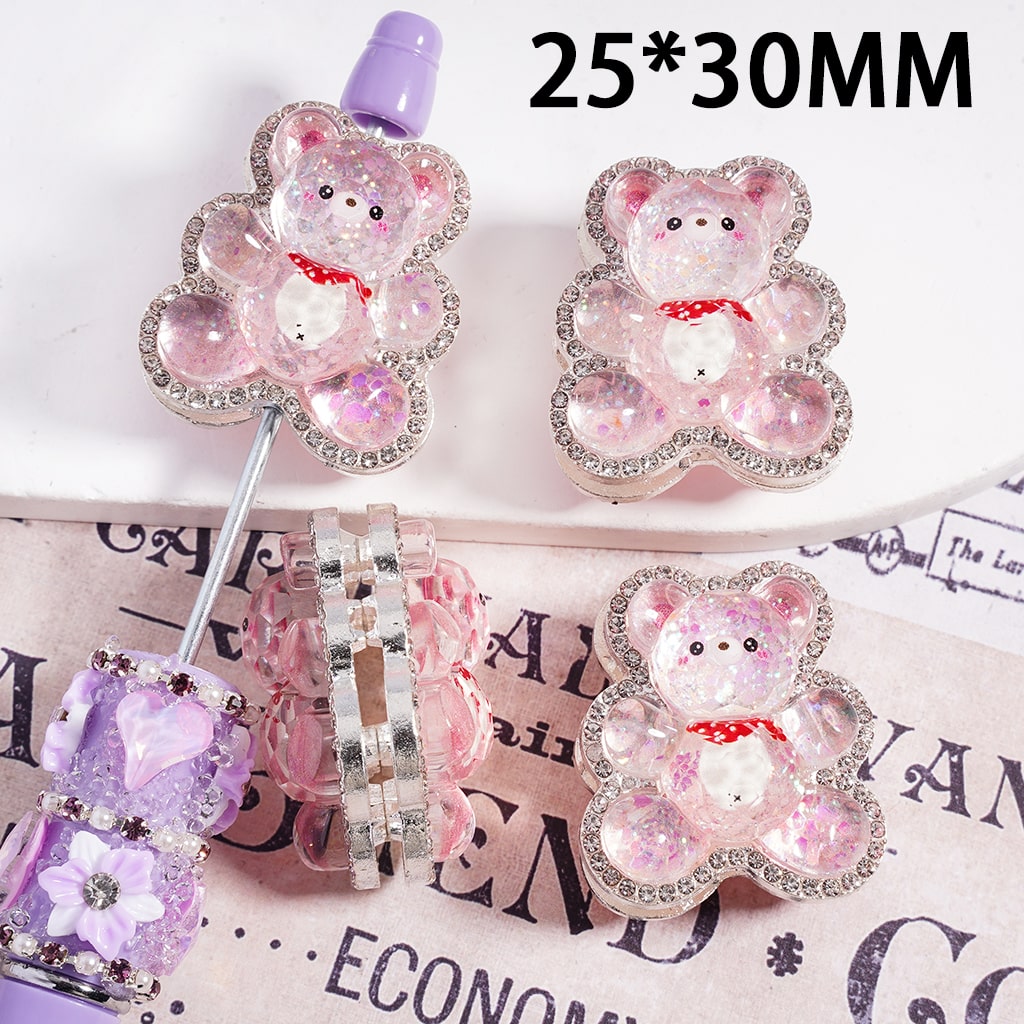 Glitter Pink Bear Character Silver Metal Beads Clear Rhinestones 25*30mm