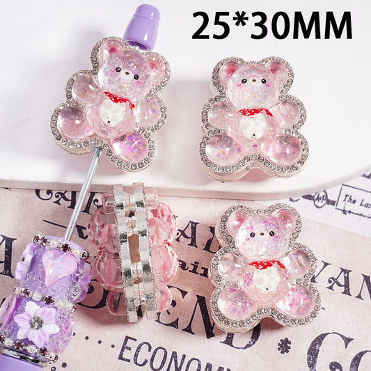 Glitter Pink Bear Character Silver Metal Beads Clear Rhinestones 25*30mm