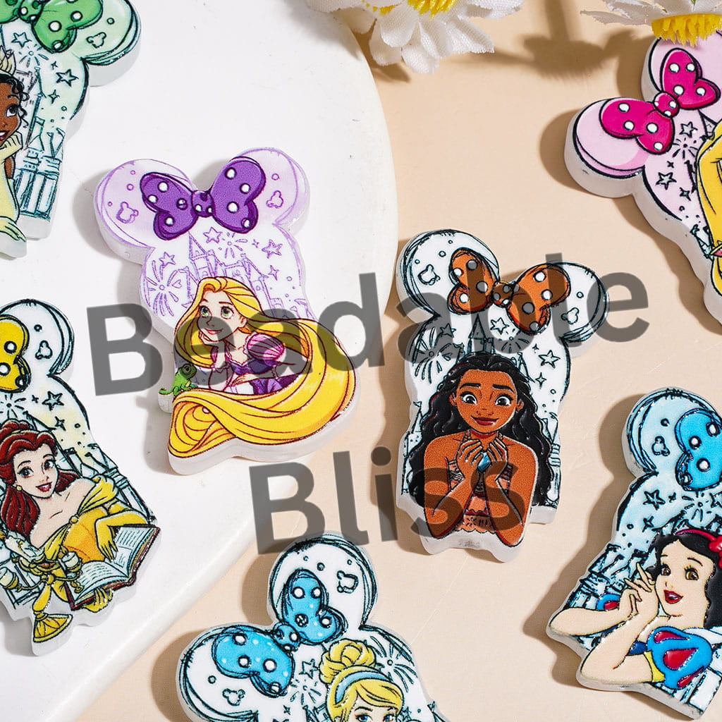 Acrylic Beads Mouse Head Shape with Bowtie Classic Beautiful Princess Character, Random Mix
