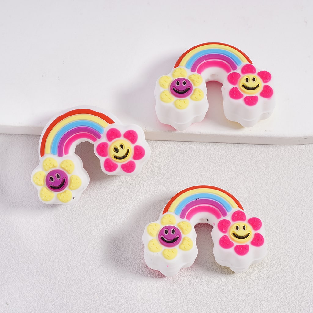 3D Cute Rainbow Yellow SunFlower with Smile Silicone Focal Beads  Random Mix