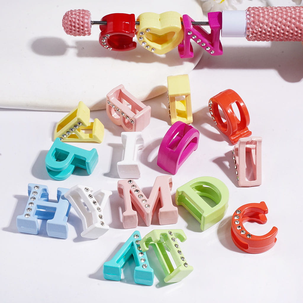 No Hole - Hollowed Alphabet Letters with Clear Rhinestones Acrylic for DIY Beads and Pendants Ornaments, Multi-Color, Random Mix