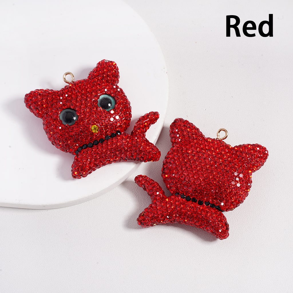 Clay Keychain Pendant Large-Sized Cat, Jewelry Accessories w Rhinestones, Multi-Color, 49*50MM