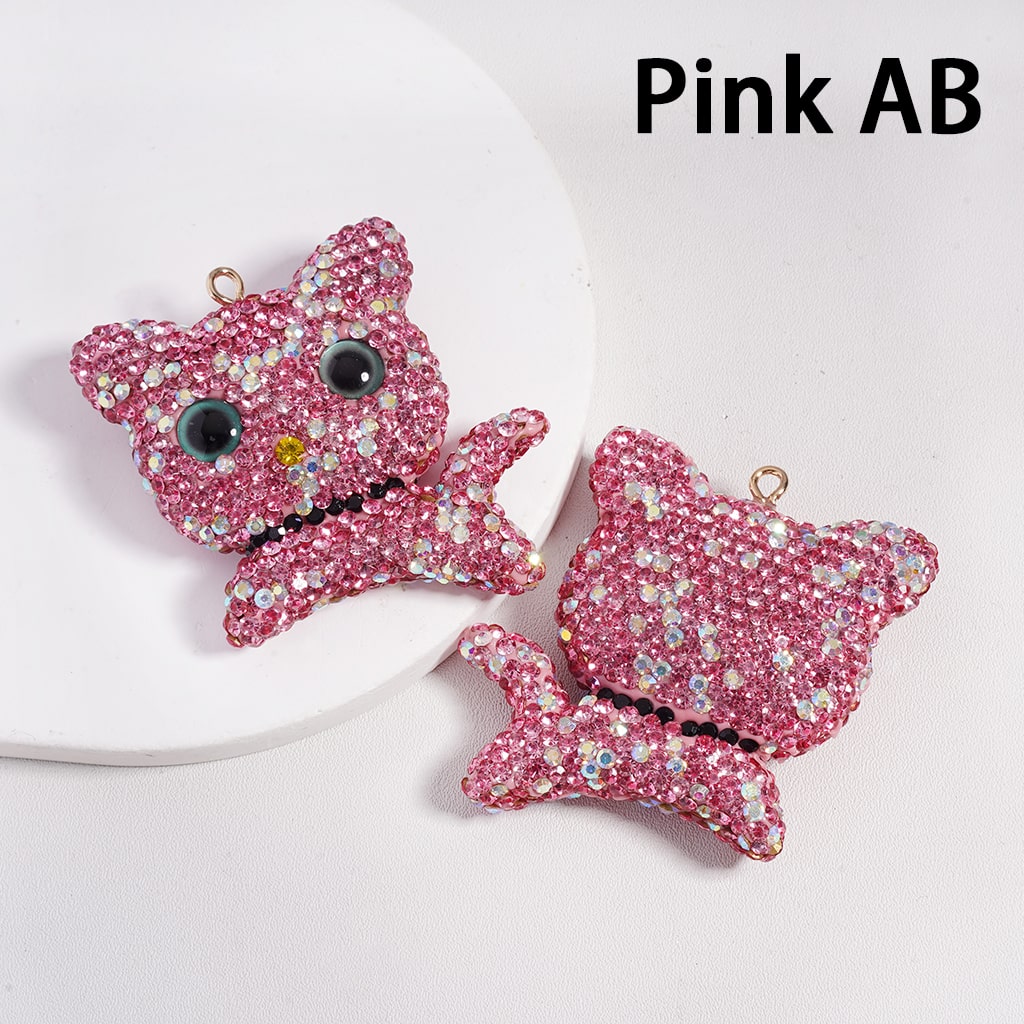 Clay Keychain Pendant Large-Sized Cat, Jewelry Accessories w Rhinestones, Multi-Color, 49*50MM