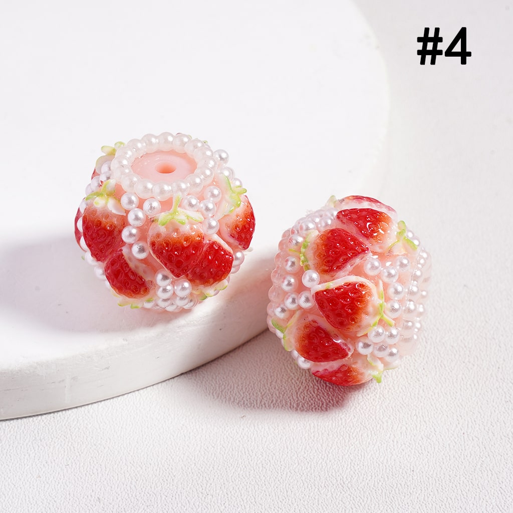 Multi Color Strawberry Design with White Pearl Accents, Round Acrylic Beads 20MM