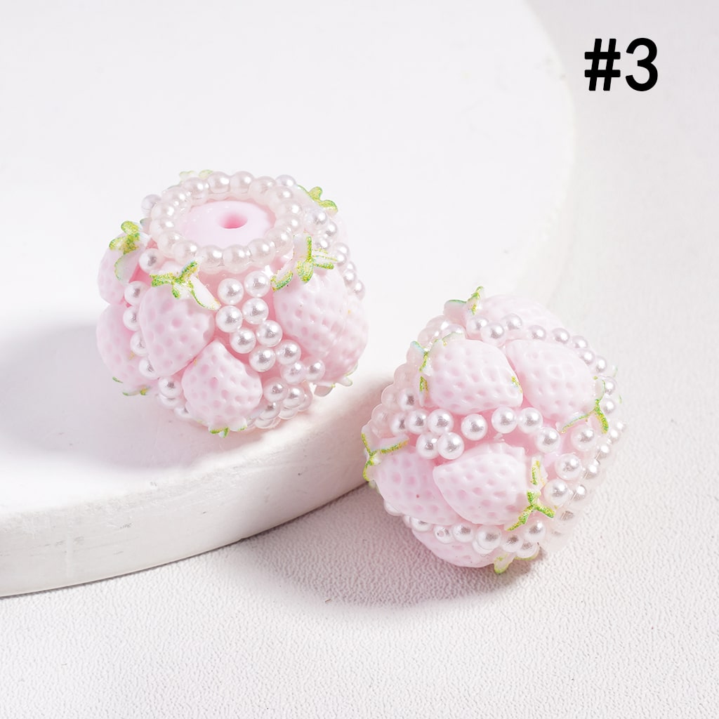 Multi Color Strawberry Design with White Pearl Accents, Round Acrylic Beads 20MM