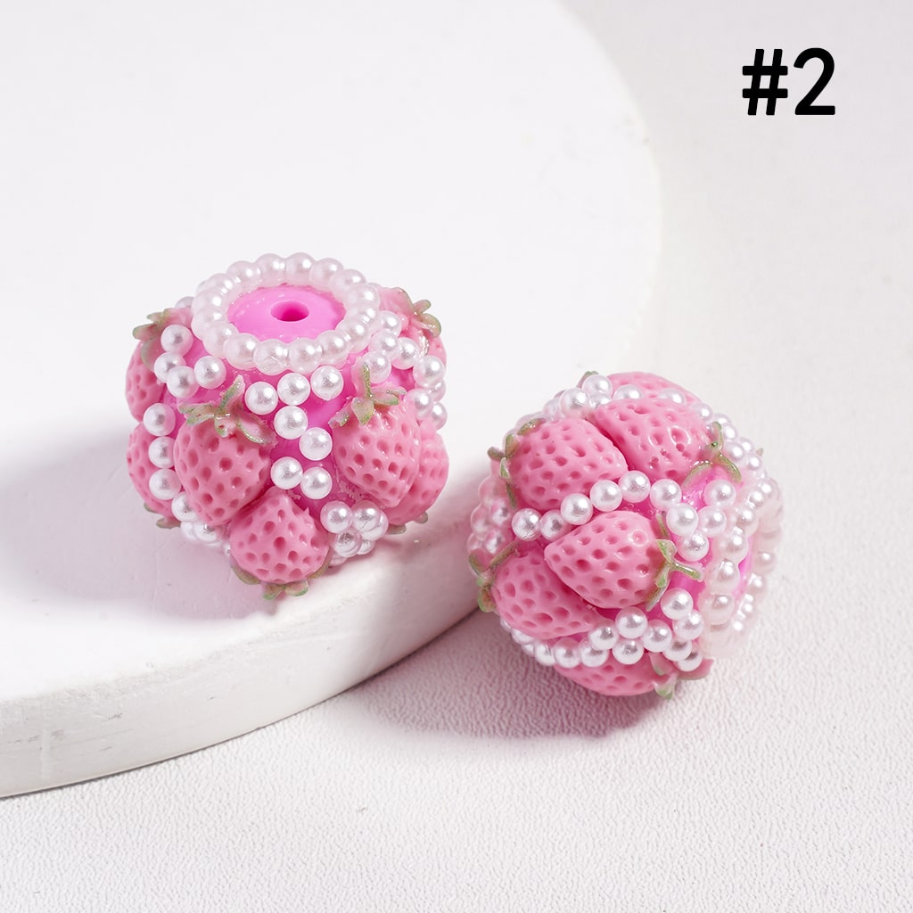 Multi Color Strawberry Design with White Pearl Accents, Round Acrylic Beads 20MM