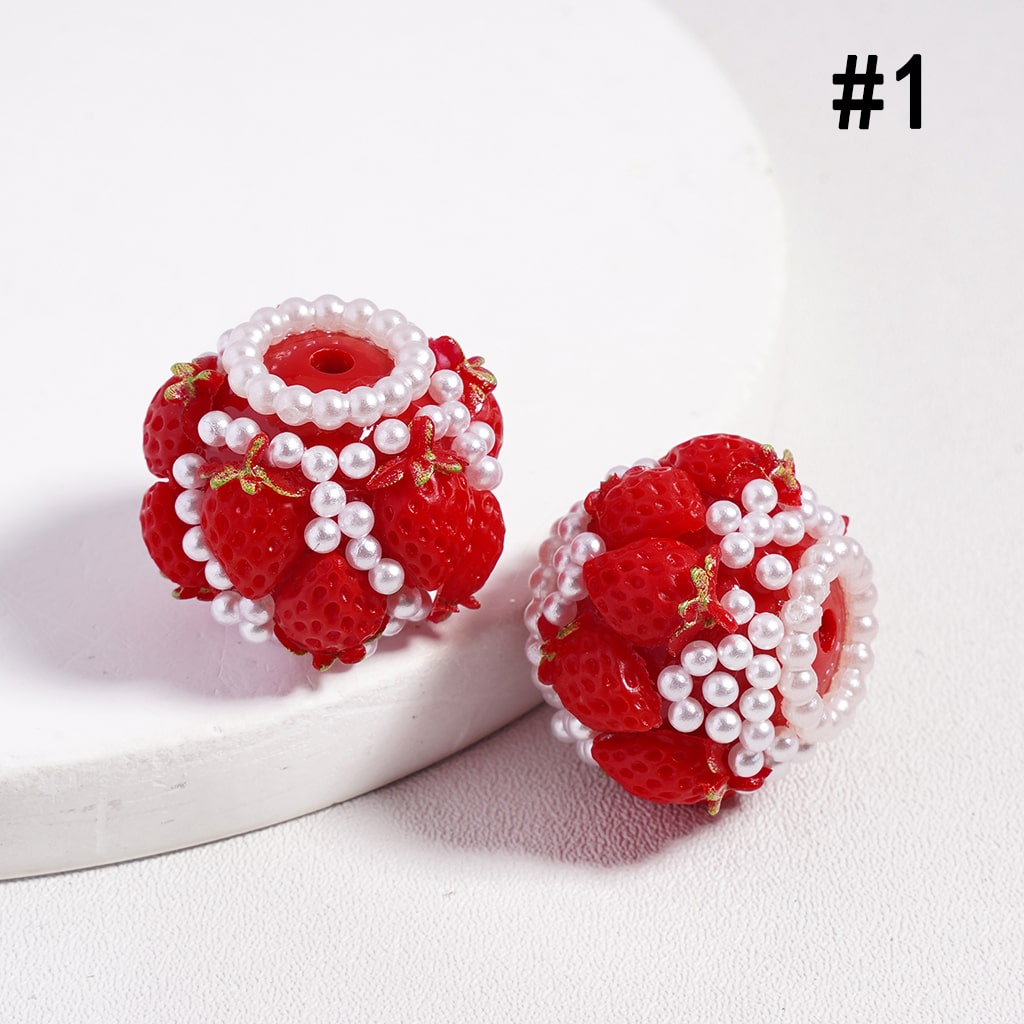 Multi Color Strawberry Design with White Pearl Accents, Round Acrylic Beads 20MM