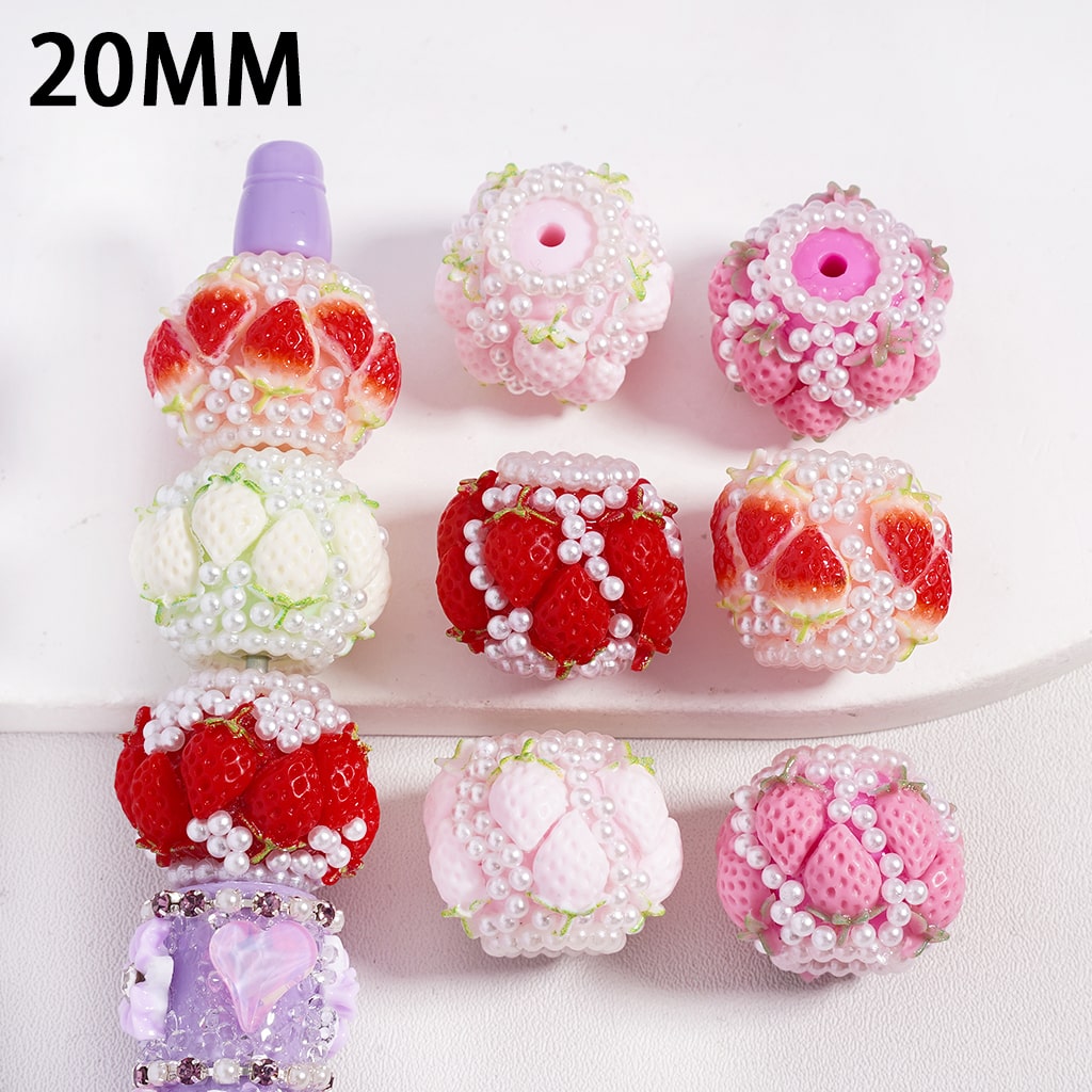Multi Color Strawberry Design with White Pearl Accents, Round Acrylic Beads 20MM