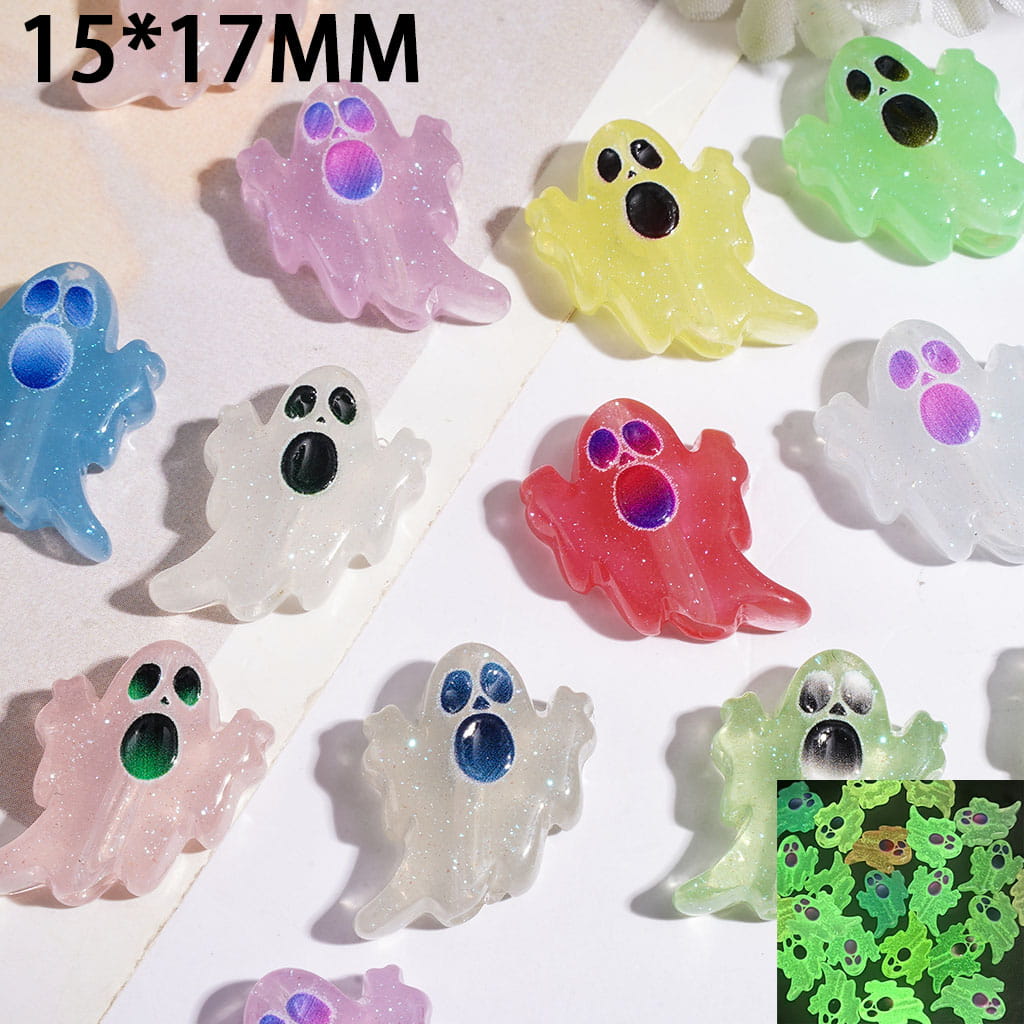 Cute Luminous Ghost Character Series, Glittery Pastel Acrylic Beads, 15*17MM, Multi-Color, Random Mix