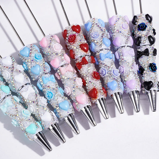 UV-Coated Adorable Heart Bowtie & Rose Flower with AB Rhinestone Chains, Handmade Beadable Sugar Pens, Multi-Color