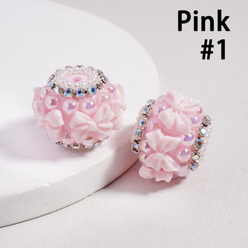 Cute Bowtie White Polka Dots, Half-Shell Pearls & Multi-Color AB Rhinestones Chains, Round Acrylic Beads 22MM